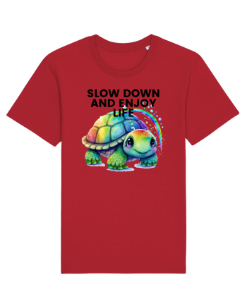 Broasca testoasa pictata in acuarela cu mesajul  Slow Down and Enjoy Life Red