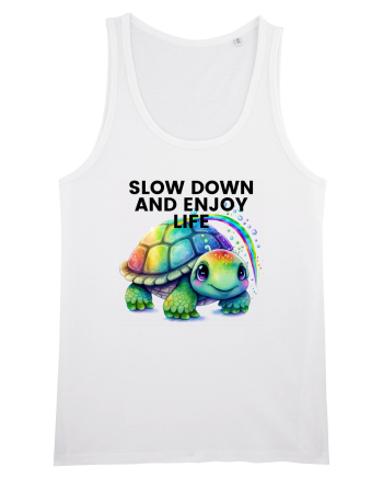 Broasca testoasa pictata in acuarela cu mesajul  Slow Down and Enjoy Life White