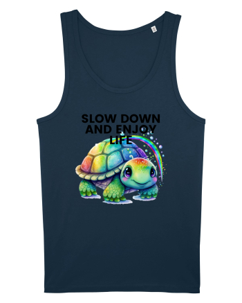 Broasca testoasa pictata in acuarela cu mesajul  Slow Down and Enjoy Life Navy