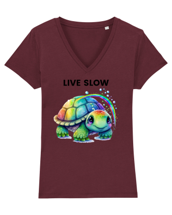 Broasca testoasa pictata in acuarela cu mesajul Live Slow Burgundy