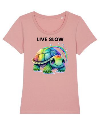 Broasca testoasa pictata in acuarela cu mesajul Live Slow Canyon Pink