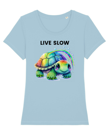 Broasca testoasa pictata in acuarela cu mesajul Live Slow Sky Blue