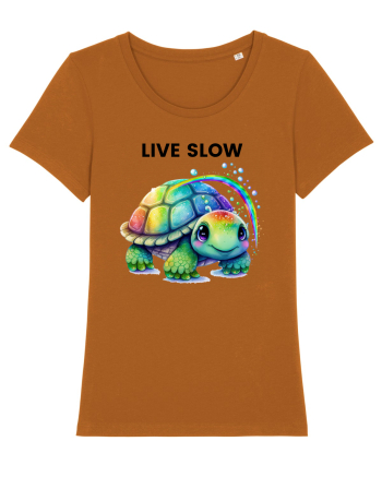 Broasca testoasa pictata in acuarela cu mesajul Live Slow Roasted Orange