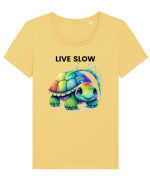 Broasca testoasa pictata in acuarela cu mesajul Live Slow Tricou mânecă scurtă guler larg fitted Damă Expresser