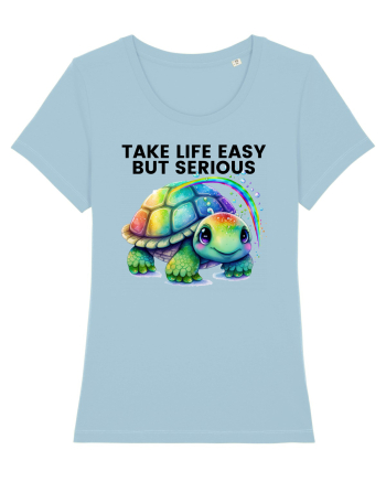 Broasca testoasa pictata in acuarela cu mesajul Take Life Easy but Serious Sky Blue