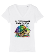Broasca testoasa pictata in acuarela cu mesajul  Slow Down and Enjoy Life Tricou mânecă scurtă guler V Damă Evoker