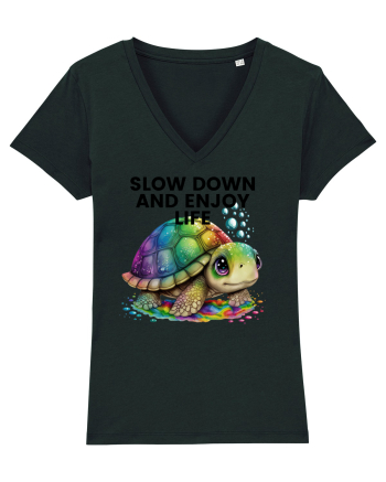 Broasca testoasa pictata in acuarela cu mesajul  Slow Down and Enjoy Life Black