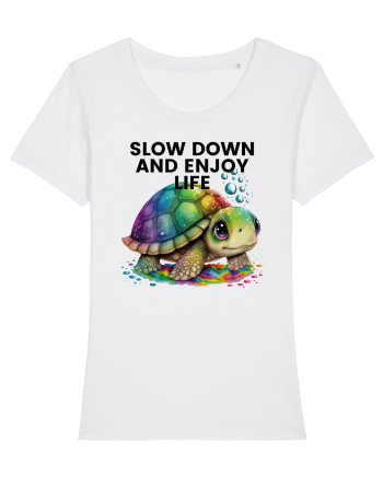 Broasca testoasa pictata in acuarela cu mesajul  Slow Down and Enjoy Life White