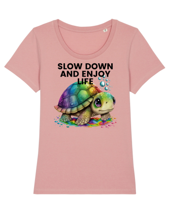 Broasca testoasa pictata in acuarela cu mesajul  Slow Down and Enjoy Life Canyon Pink
