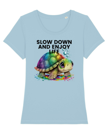 Broasca testoasa pictata in acuarela cu mesajul  Slow Down and Enjoy Life Sky Blue