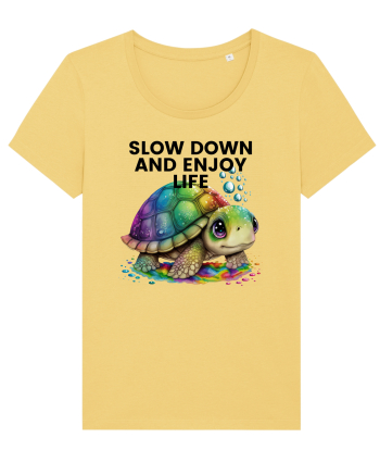 Broasca testoasa pictata in acuarela cu mesajul  Slow Down and Enjoy Life Jojoba