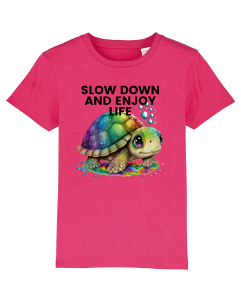 Broasca testoasa pictata in acuarela cu mesajul  Slow Down and Enjoy Life Raspberry