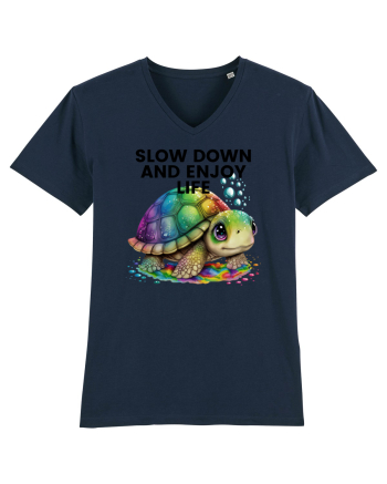 Broasca testoasa pictata in acuarela cu mesajul  Slow Down and Enjoy Life French Navy
