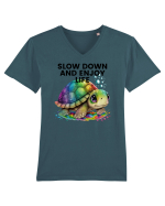Broasca testoasa pictata in acuarela cu mesajul  Slow Down and Enjoy Life Tricou mânecă scurtă guler V Bărbat Presenter
