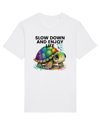 Broasca testoasa pictata in acuarela cu mesajul  Slow Down and Enjoy Life White