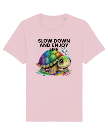 Broasca testoasa pictata in acuarela cu mesajul  Slow Down and Enjoy Life Cotton Pink