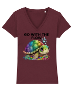 Broasca testoasa pictata in acuarela cu mesajul  Go with the Flow Tricou mânecă scurtă guler V Damă Evoker