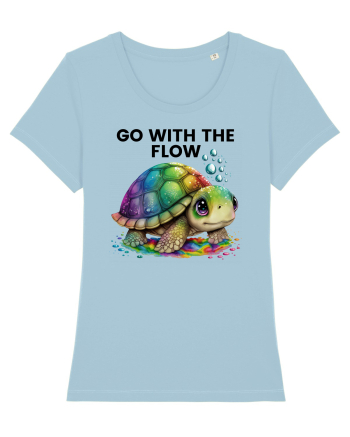 Broasca testoasa pictata in acuarela cu mesajul  Go with the Flow Sky Blue