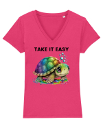 Broasca testoasa pictata in acuarela cu mesajul  Take it Easy Tricou mânecă scurtă guler V Damă Evoker