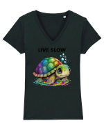 Broasca testoasa pictata in acuarela cu mesajul Live Slow Tricou mânecă scurtă guler V Damă Evoker