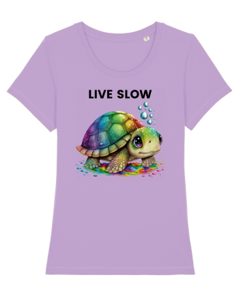 Broasca testoasa pictata in acuarela cu mesajul Live Slow Lavender Dawn