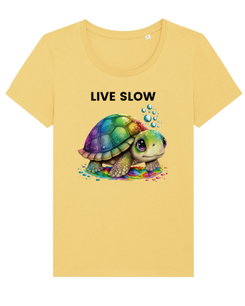Broasca testoasa pictata in acuarela cu mesajul Live Slow Jojoba