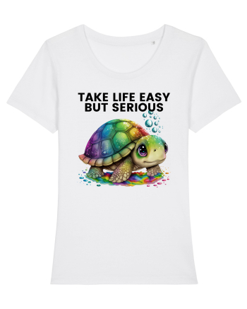 Broasca testoasa pictata in acuarela cu mesajul Take Life Easy but Serious White
