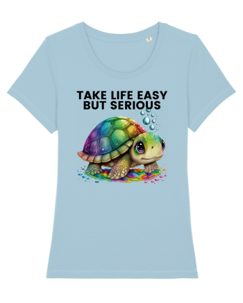Broasca testoasa pictata in acuarela cu mesajul Take Life Easy but Serious Sky Blue