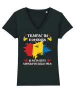 Trăiesc în România - v2 - grunge Tricou mânecă scurtă guler V Damă Evoker