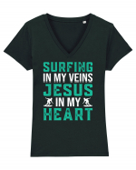 Surfing In My Veins Jesus In My Heart Tricou mânecă scurtă guler V Damă Evoker