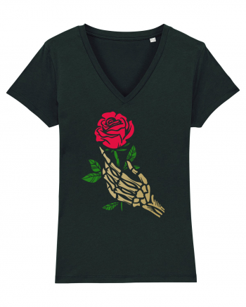 Skeleton Hand with Red Rose Black