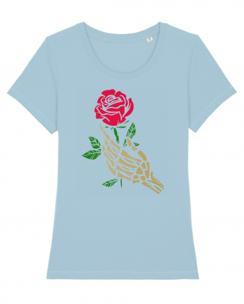 Skeleton Hand with Red Rose Sky Blue