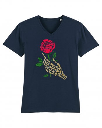 Skeleton Hand with Red Rose French Navy