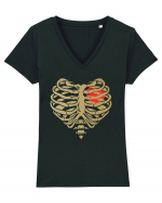 Skeleton Red Heart Golden Ribs Tricou mânecă scurtă guler V Damă Evoker