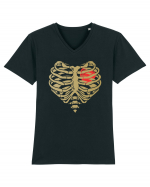 Skeleton Red Heart Golden Ribs Tricou mânecă scurtă guler V Bărbat Presenter