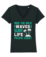 Ride The Wild Waves Surf Life Pacific Coast Tricou mânecă scurtă guler V Damă Evoker