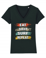 Eat Sleep Surf Repeat Tricou mânecă scurtă guler V Damă Evoker