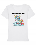 Unicorn dragut mesaj Never stop dreaming, design 1 Tricou mânecă scurtă guler larg fitted Damă Expresser