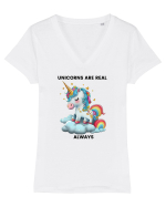 Unicorn mesaj Unicorns are real always, design 1 Tricou mânecă scurtă guler V Damă Evoker