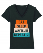 Eat Sleep Wavesurf Repeat Tricou mânecă scurtă guler V Damă Evoker