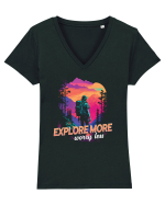 in stil synthwave - Explore more worry less Tricou mânecă scurtă guler V Damă Evoker