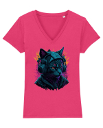 Cat Is A DJ for white Tricou mânecă scurtă guler V Damă Evoker