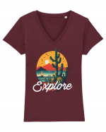 Explore - plaja cu cactusi si apus de soare Tricou mânecă scurtă guler V Damă Evoker