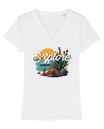 Explore - plaja cu cactusi si apus de soare Tricou mânecă scurtă guler V Damă Evoker