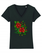 Trandafiri rosii printre frunze Tricou mânecă scurtă guler V Damă Evoker