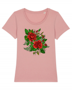 Trandafiri rosii printre frunze Tricou mânecă scurtă guler larg fitted Damă Expresser