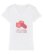 Take a picture, it lasts longer (pink) Tricou mânecă scurtă guler V Damă Evoker