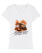 Autumn leaves, campfire dreams Tricou mânecă scurtă guler V Damă Evoker