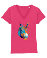 Vibrant Equine Spirit: Colorful Donkey Tricou mânecă scurtă guler V Damă Evoker