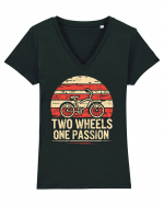 Two Wheels One Passion Retro Bicycle Distressed Sunset Tricou mânecă scurtă guler V Damă Evoker
